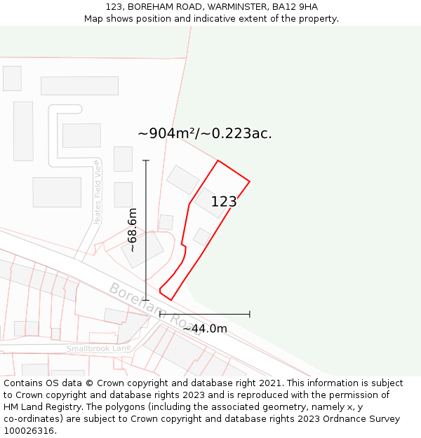 123, BOREHAM ROAD, WARMINSTER, BA12 9HA: Plot and title map