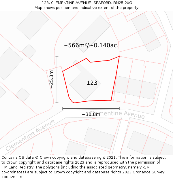 123, CLEMENTINE AVENUE, SEAFORD, BN25 2XG: Plot and title map