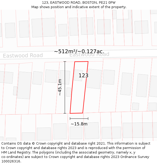 123, EASTWOOD ROAD, BOSTON, PE21 0PW: Plot and title map