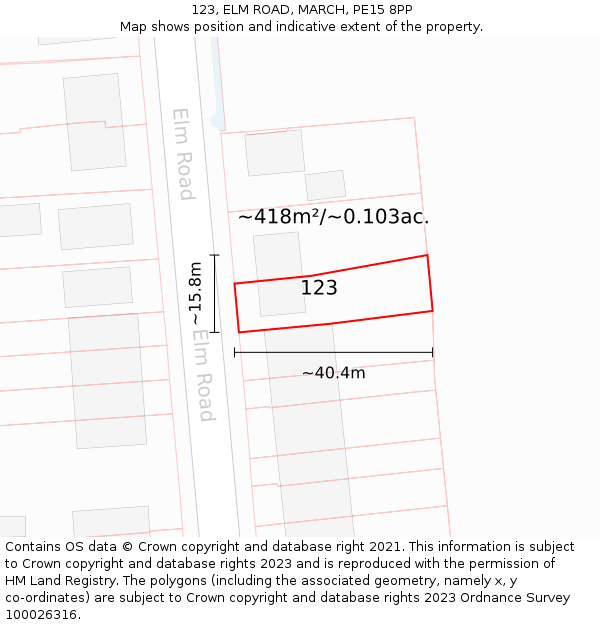 123, ELM ROAD, MARCH, PE15 8PP: Plot and title map