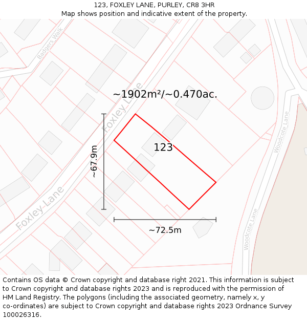 123, FOXLEY LANE, PURLEY, CR8 3HR: Plot and title map