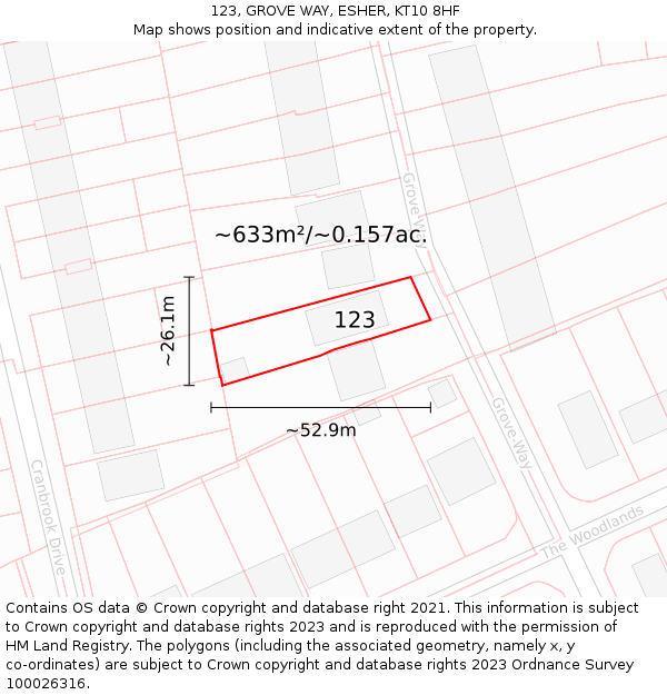 123, GROVE WAY, ESHER, KT10 8HF: Plot and title map