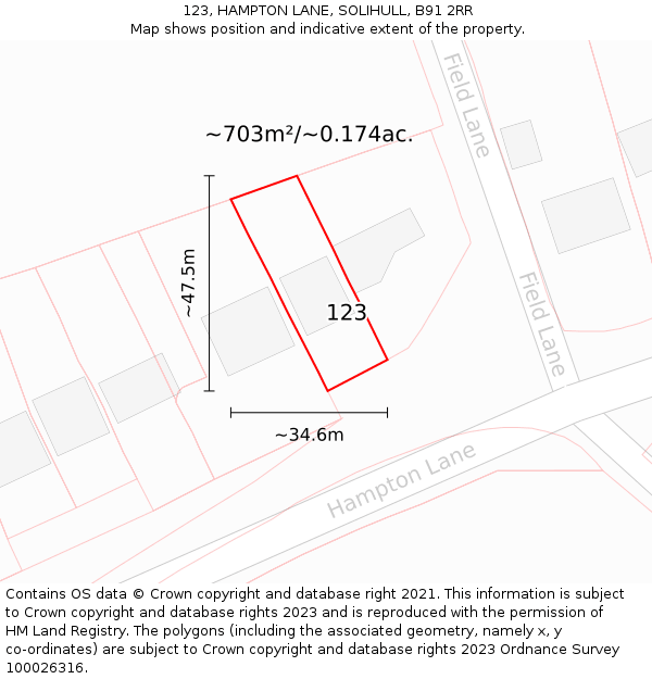 123, HAMPTON LANE, SOLIHULL, B91 2RR: Plot and title map