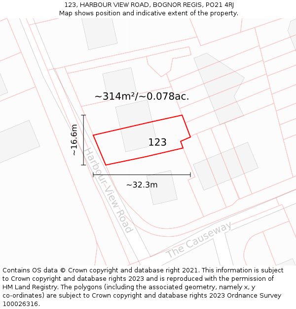 123, HARBOUR VIEW ROAD, BOGNOR REGIS, PO21 4RJ: Plot and title map