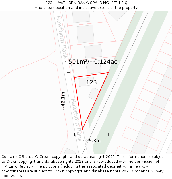 123, HAWTHORN BANK, SPALDING, PE11 1JQ: Plot and title map