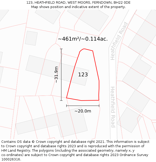 123, HEATHFIELD ROAD, WEST MOORS, FERNDOWN, BH22 0DE: Plot and title map