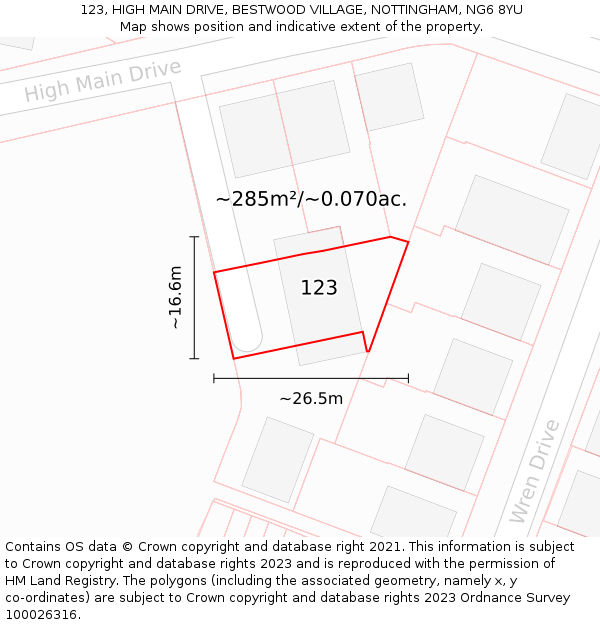 123, HIGH MAIN DRIVE, BESTWOOD VILLAGE, NOTTINGHAM, NG6 8YU: Plot and title map