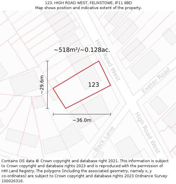 123, HIGH ROAD WEST, FELIXSTOWE, IP11 9BD: Plot and title map