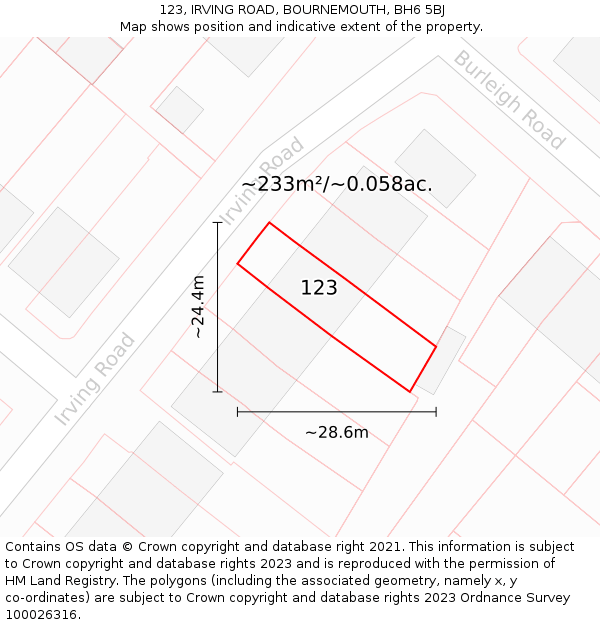 123, IRVING ROAD, BOURNEMOUTH, BH6 5BJ: Plot and title map