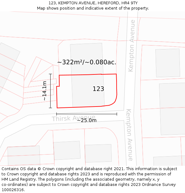 123, KEMPTON AVENUE, HEREFORD, HR4 9TY: Plot and title map