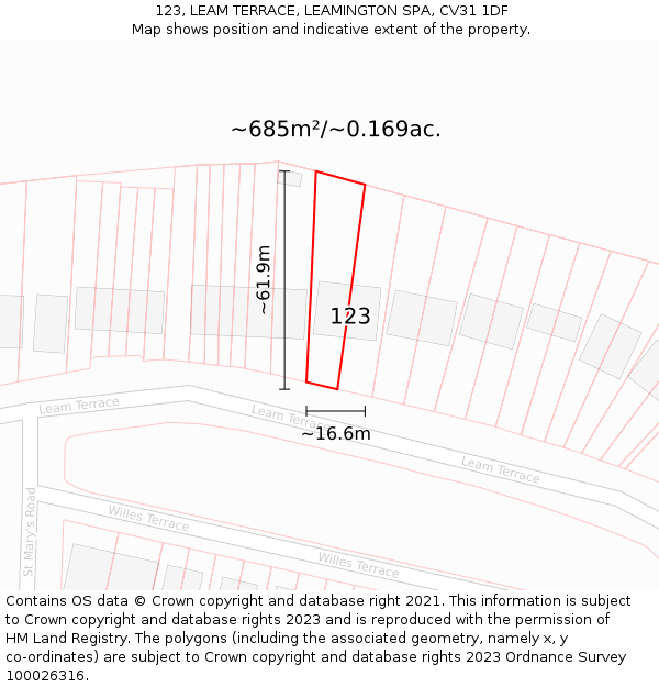 123, LEAM TERRACE, LEAMINGTON SPA, CV31 1DF: Plot and title map