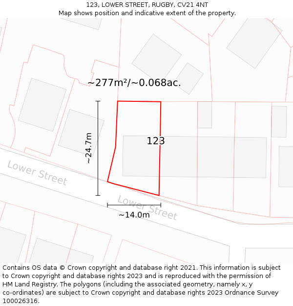 123, LOWER STREET, RUGBY, CV21 4NT: Plot and title map