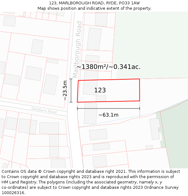 123, MARLBOROUGH ROAD, RYDE, PO33 1AW: Plot and title map