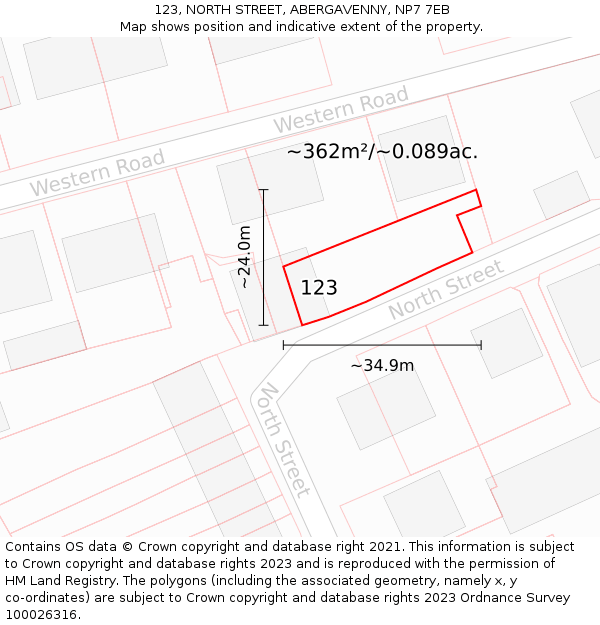 123, NORTH STREET, ABERGAVENNY, NP7 7EB: Plot and title map