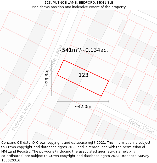 123, PUTNOE LANE, BEDFORD, MK41 8LB: Plot and title map