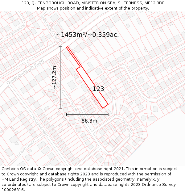 123, QUEENBOROUGH ROAD, MINSTER ON SEA, SHEERNESS, ME12 3DF: Plot and title map