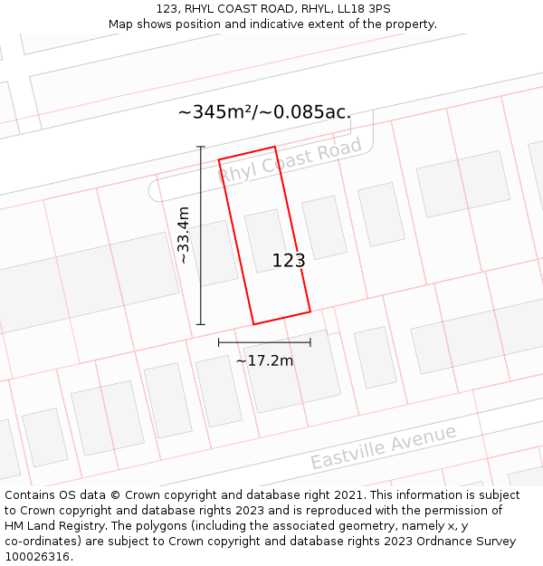 123, RHYL COAST ROAD, RHYL, LL18 3PS: Plot and title map