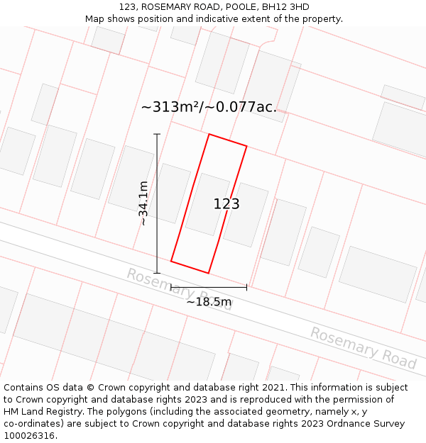 123, ROSEMARY ROAD, POOLE, BH12 3HD: Plot and title map