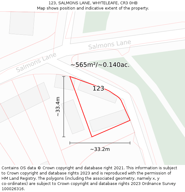 123, SALMONS LANE, WHYTELEAFE, CR3 0HB: Plot and title map