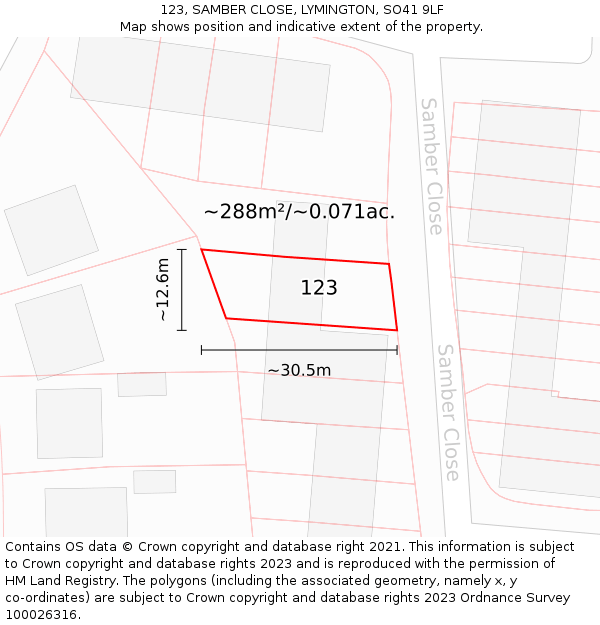 123, SAMBER CLOSE, LYMINGTON, SO41 9LF: Plot and title map