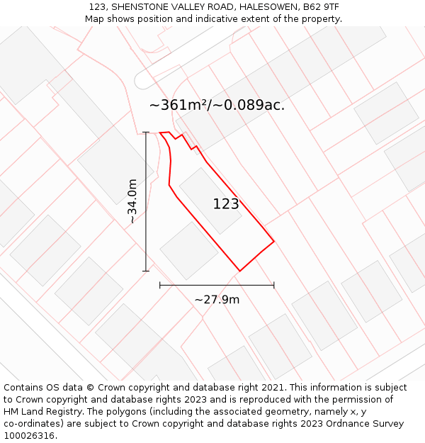 123, SHENSTONE VALLEY ROAD, HALESOWEN, B62 9TF: Plot and title map