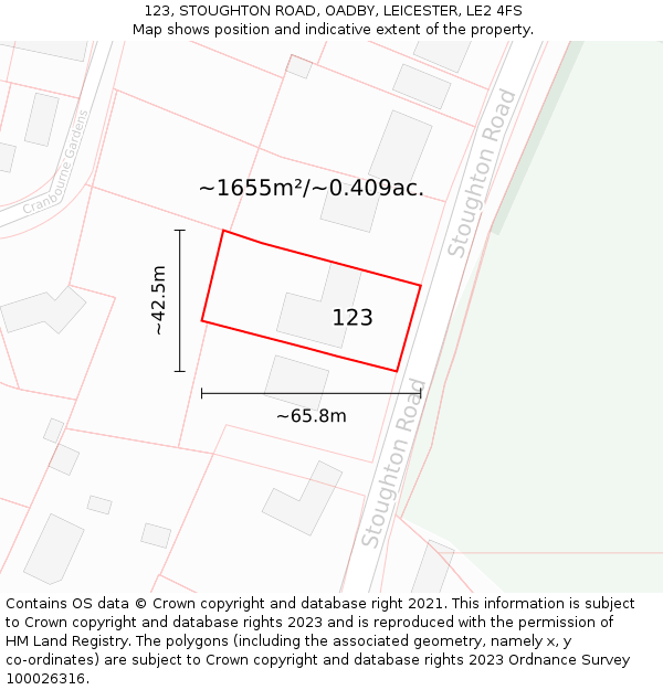 123, STOUGHTON ROAD, OADBY, LEICESTER, LE2 4FS: Plot and title map