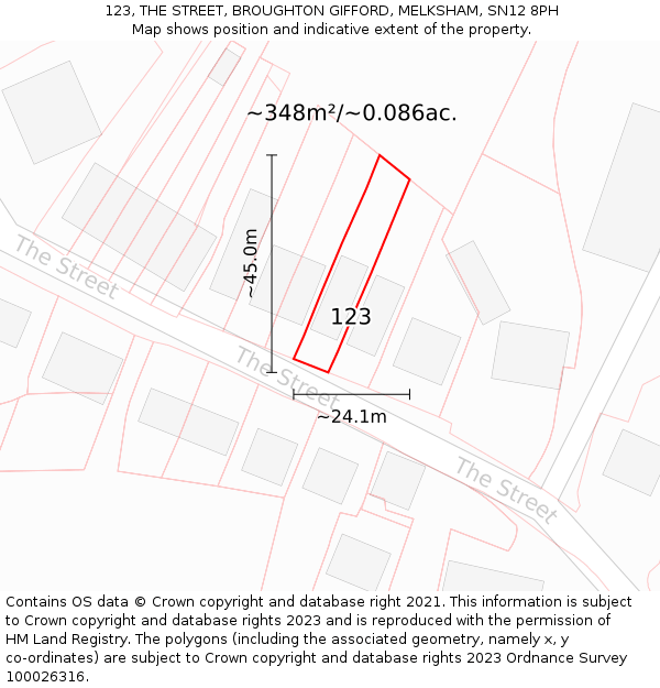 123, THE STREET, BROUGHTON GIFFORD, MELKSHAM, SN12 8PH: Plot and title map