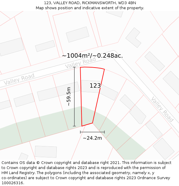 123, VALLEY ROAD, RICKMANSWORTH, WD3 4BN: Plot and title map