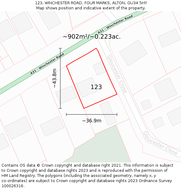 123, WINCHESTER ROAD, FOUR MARKS, ALTON, GU34 5HY: Plot and title map