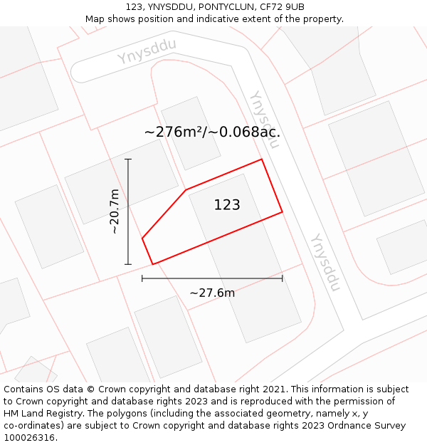 123, YNYSDDU, PONTYCLUN, CF72 9UB: Plot and title map