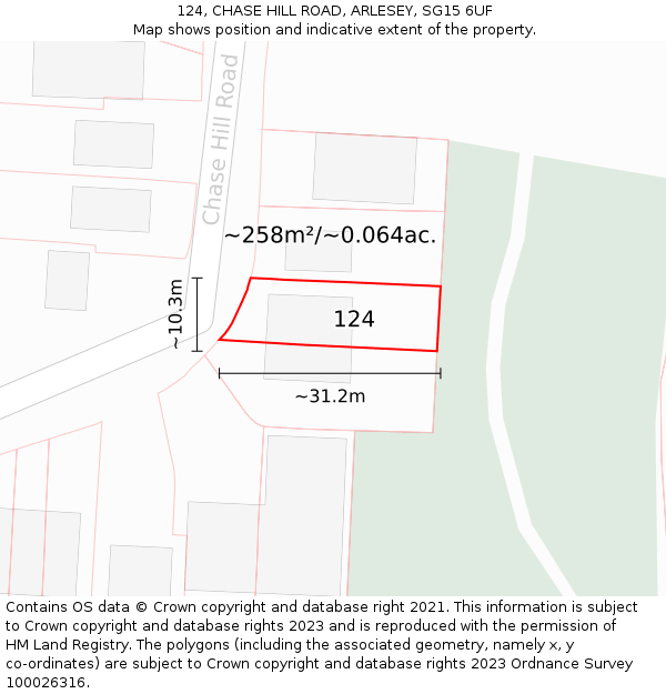 124, CHASE HILL ROAD, ARLESEY, SG15 6UF: Plot and title map