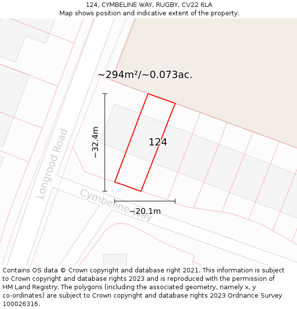 124, CYMBELINE WAY, RUGBY, CV22 6LA: Plot and title map