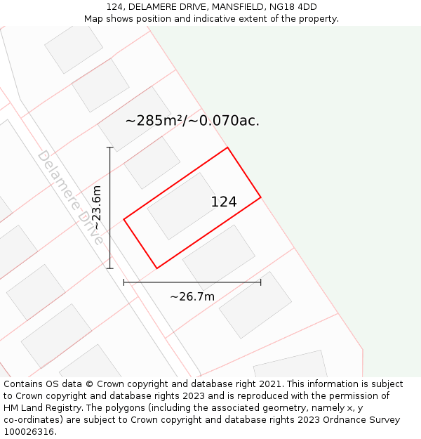 124, DELAMERE DRIVE, MANSFIELD, NG18 4DD: Plot and title map