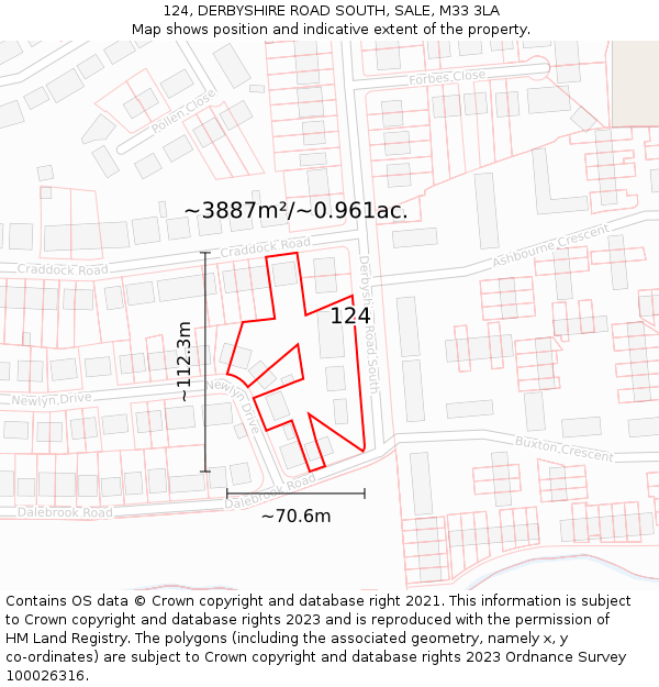 124, DERBYSHIRE ROAD SOUTH, SALE, M33 3LA: Plot and title map