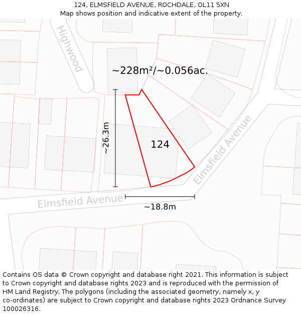 124, ELMSFIELD AVENUE, ROCHDALE, OL11 5XN: Plot and title map