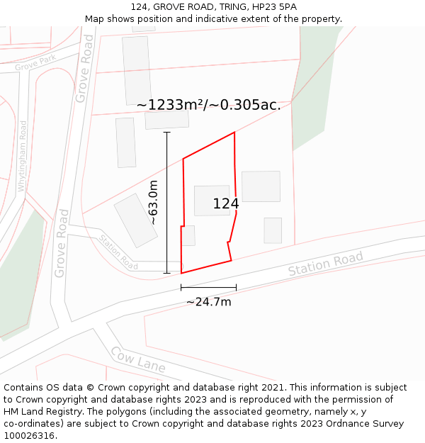 124, GROVE ROAD, TRING, HP23 5PA: Plot and title map