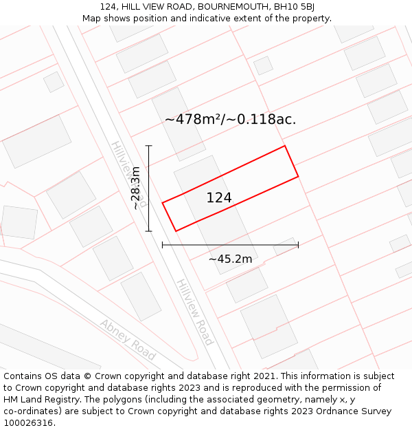 124, HILL VIEW ROAD, BOURNEMOUTH, BH10 5BJ: Plot and title map