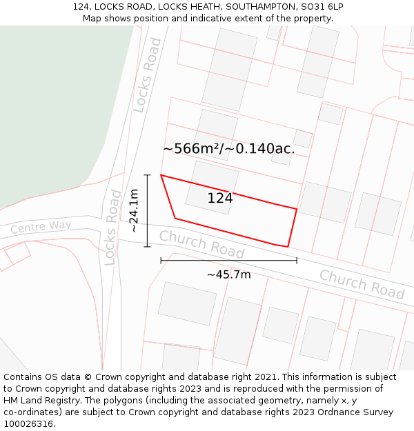 124, LOCKS ROAD, LOCKS HEATH, SOUTHAMPTON, SO31 6LP: Plot and title map