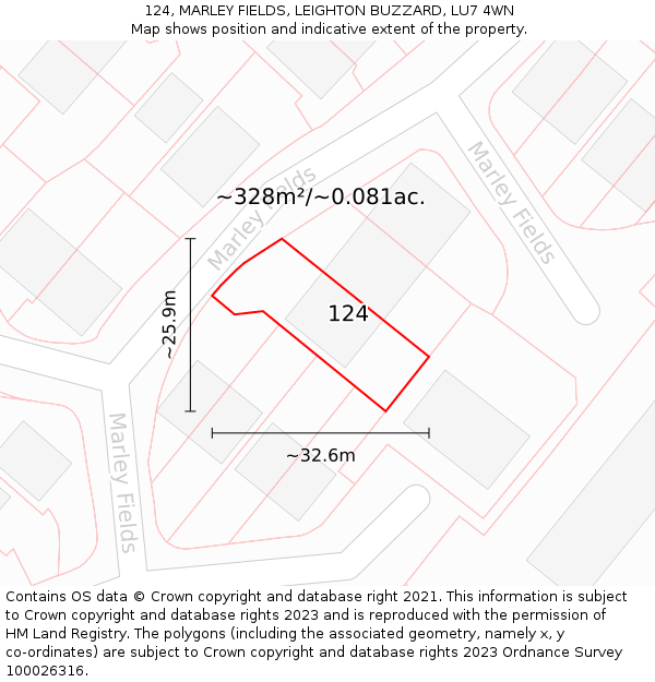 124, MARLEY FIELDS, LEIGHTON BUZZARD, LU7 4WN: Plot and title map