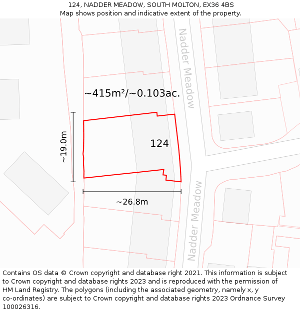 124, NADDER MEADOW, SOUTH MOLTON, EX36 4BS: Plot and title map