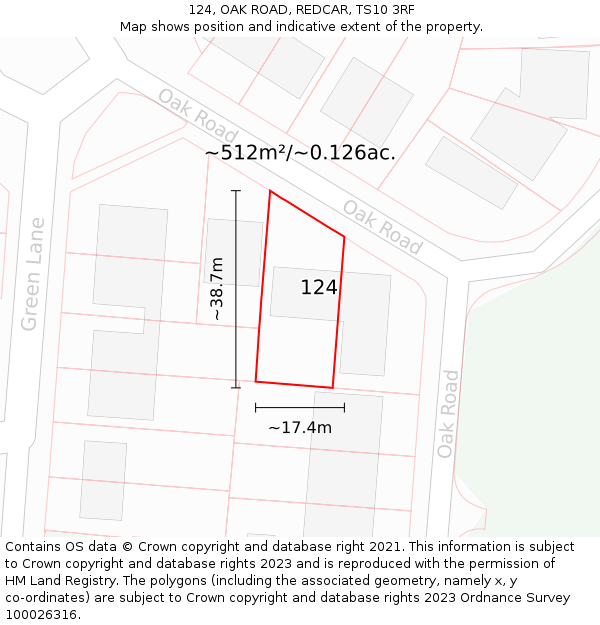 124, OAK ROAD, REDCAR, TS10 3RF: Plot and title map