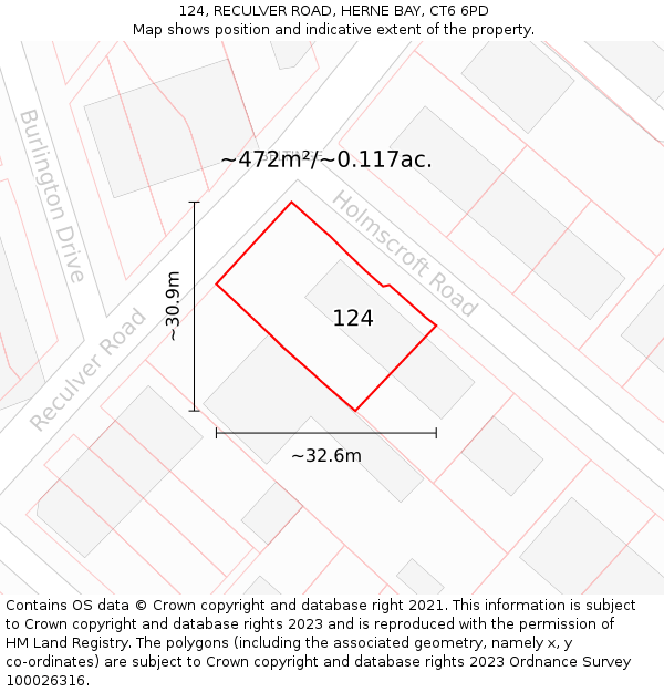 124, RECULVER ROAD, HERNE BAY, CT6 6PD: Plot and title map