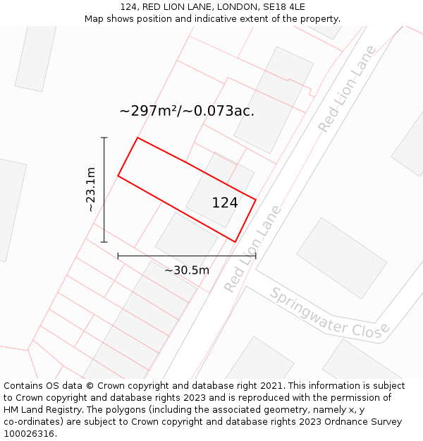 124, RED LION LANE, LONDON, SE18 4LE: Plot and title map