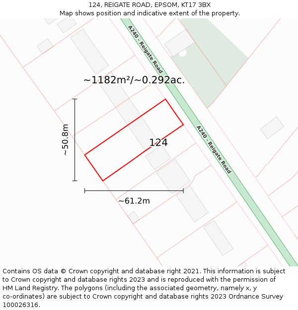124, REIGATE ROAD, EPSOM, KT17 3BX: Plot and title map