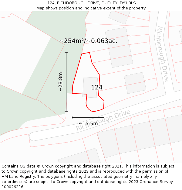 124, RICHBOROUGH DRIVE, DUDLEY, DY1 3LS: Plot and title map