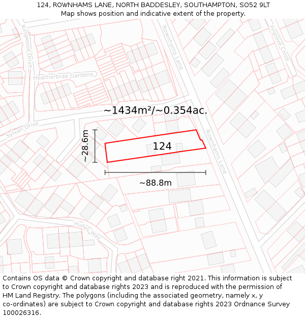 124, ROWNHAMS LANE, NORTH BADDESLEY, SOUTHAMPTON, SO52 9LT: Plot and title map