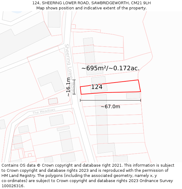 124, SHEERING LOWER ROAD, SAWBRIDGEWORTH, CM21 9LH: Plot and title map