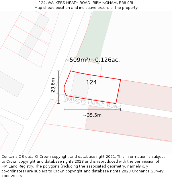 124, WALKERS HEATH ROAD, BIRMINGHAM, B38 0BL: Plot and title map