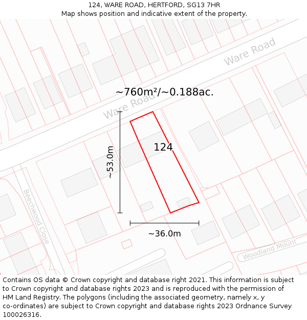 124, WARE ROAD, HERTFORD, SG13 7HR: Plot and title map