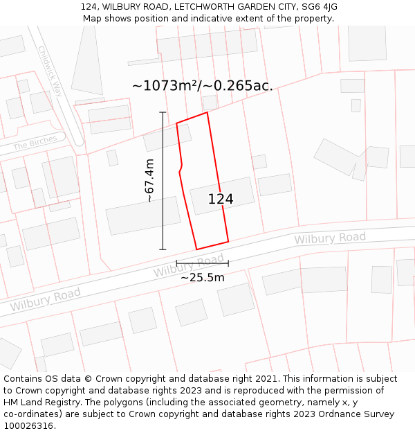 124, WILBURY ROAD, LETCHWORTH GARDEN CITY, SG6 4JG: Plot and title map